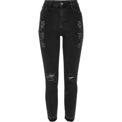 Black floral ripped Lori high waisted jeans